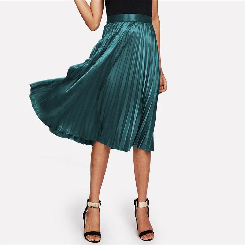 Zip Closure Pleated Satin Skirt