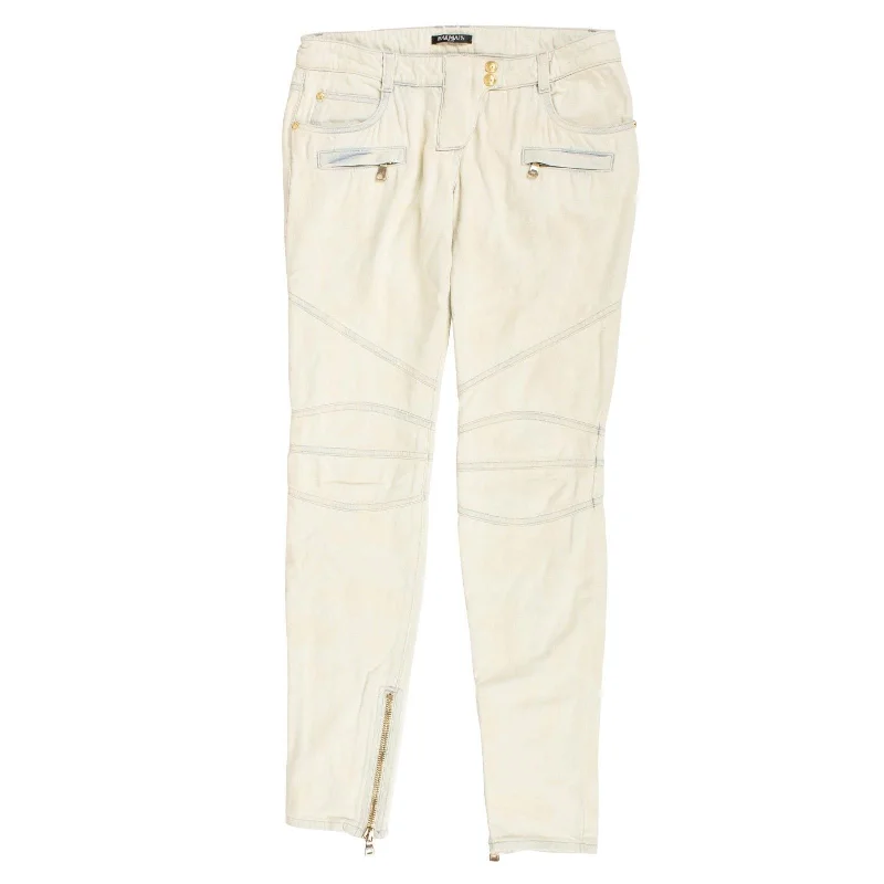 BALMAIN PARIS Light Blue Bleached Moto Jeans Pants