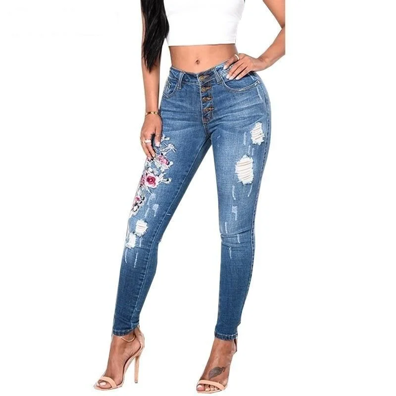 Fashion Stretchy Embroidered Ripped Jeans Pencil Pants for Women