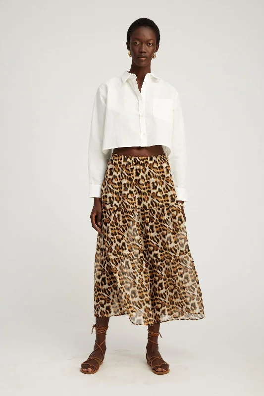 Leopard Silk Chiffon Tiered Maxi Skirt