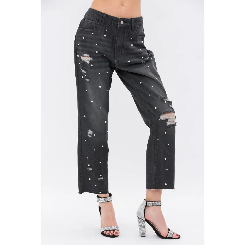 Pearl Embellished Ripped Denim Jeans In Black