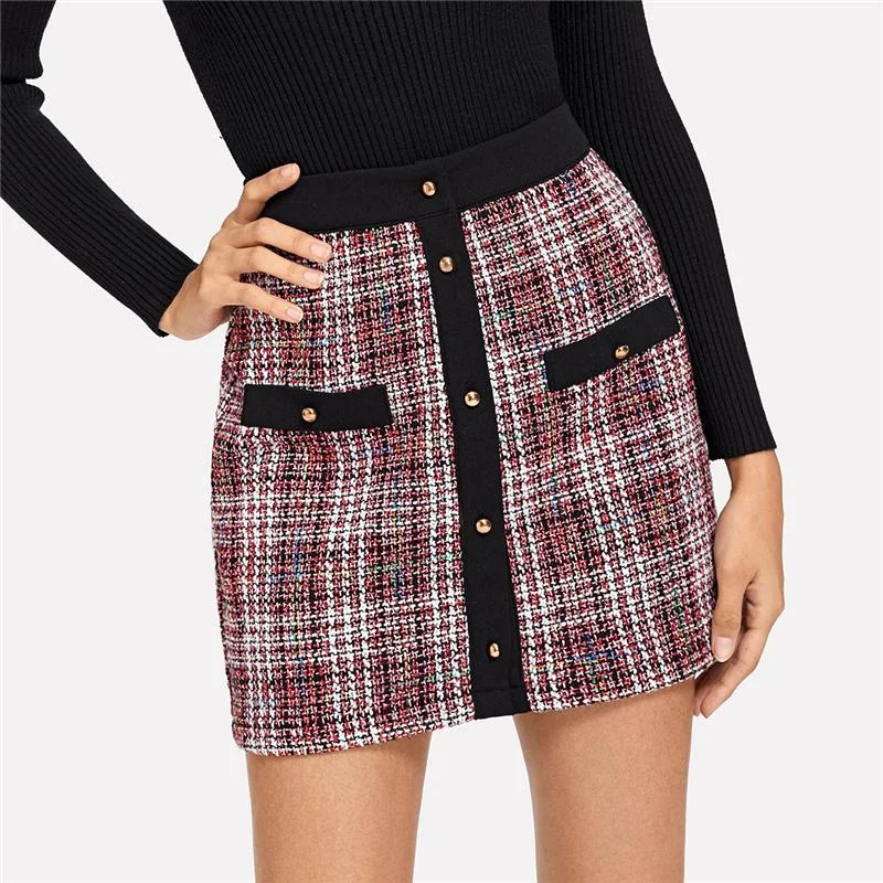 Colorblock Trim Button Up Tweed Skirt