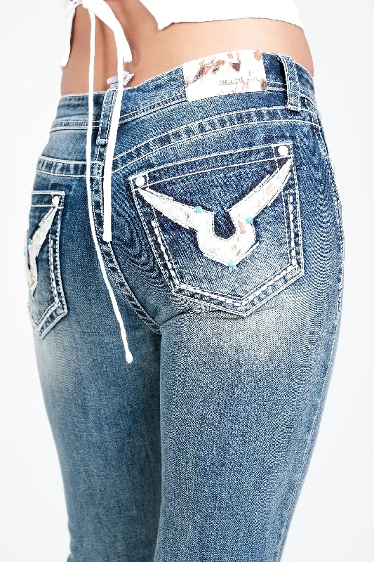 Horns Modify Horse hide Trims Embellished Mid Rise Bootcut Jeans