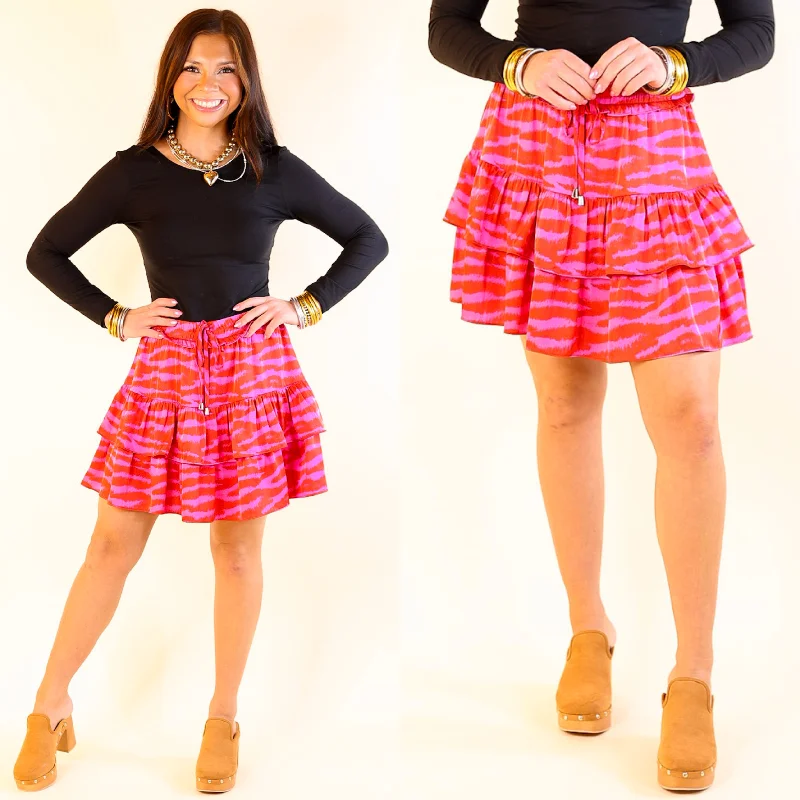 Vibrant Vibes Zebra Print Tiered Skort with Drawstring Waist in Red and Pink