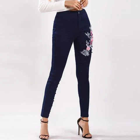 Woman's 3D Embroidery Skinny Stretch High Waist Denim Pencil Pants