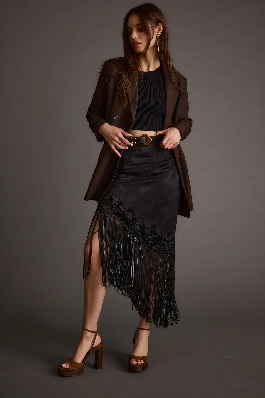 Frankie Black Satin Jacquard Fringe Midi Skirt